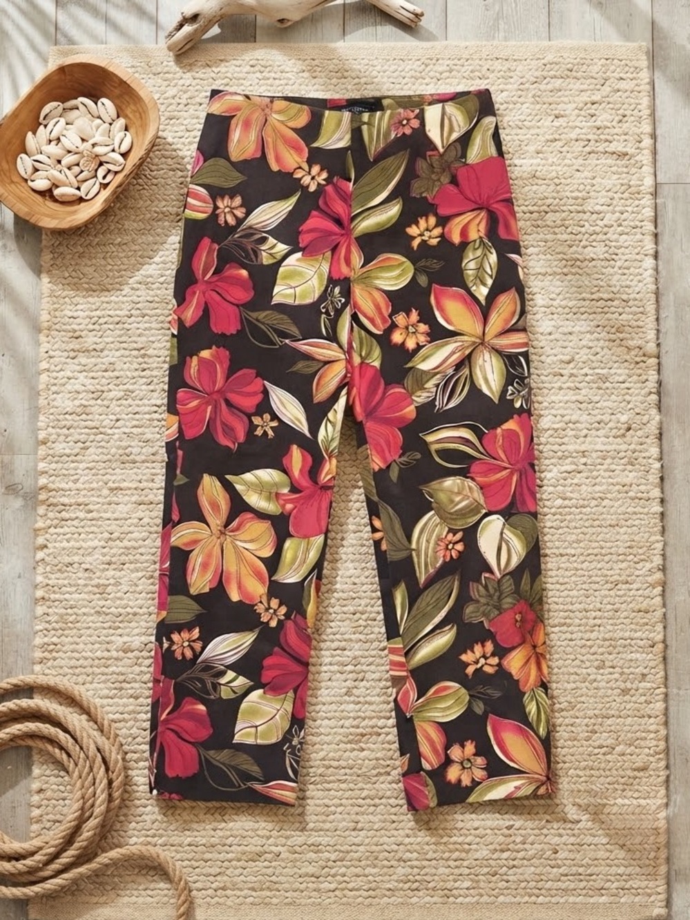 CLIO Vintage Hibiscus Tropical Print Stretch Trousers | Hawaiian Resortwear